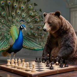 beautiful matte painting of a bear playing chess vs. a peacock in the style of mc escher, hyper realistic, volumetric lighting, octane render, artstation, 8 k