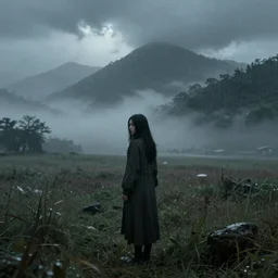 concept art of woman, field, misty mountains, sad scenery, raining, light leaks, dream lost,