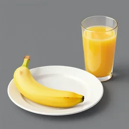 a plate with no banana next to a glass without orange juice