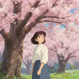 girl under a cherry blossom tree in the style of studio ghibli and thomas kinkade. hyperdetailed photorealism, 1 0 8 megapixels, cinematic lighting