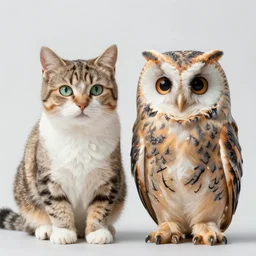 a cat and an owl standing side by side, 4k realistic photo