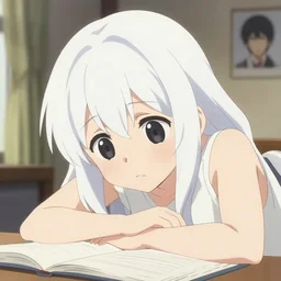 anime visual, a young woman with white hair in her bedroom studying, cute face by ilya kuvshinov, yoshinari yoh, makoto shinkai, katsura masakazu, dynamic perspective pose, detailed facial features, kyoani, rounded eyes, crisp and sharp, cel shad, anime poster, ambient light