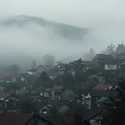 photo of a creepy town covered in heavy fog