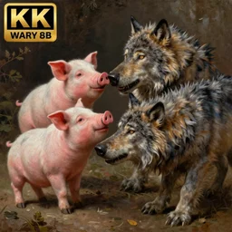 photo of three little pigs tickling the wolf who is begging for mercy. regal, realistic, refined, detailed digital art, oil painting, william - adolphe bouguereau, art frahm, esao andrews, highly detailed, cinematic lighting, unreal engine, 8 k, hd extremely detailed. 4 k. award winning. ultra realistic photo.