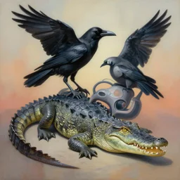 painting of hybrid between crow!! & crocodile, intercrossed animal, mixture animal, by tiffany bozic, by zdzislaw beksinski, organic, logical anatomy, cold hue's, warm tone gradient background, concept art, beautiful composition, digital painting,