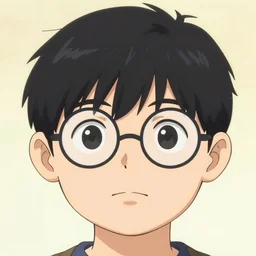 cute portrait of a round headed young man with black hair and circular glasses, clean shaven, trending on artstation, facial symmetry, in the style of hirohiko araki