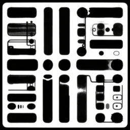 scifi control panel texture, by jack kirby, rectangle bars + random circles = connecting randomly, flat, vector, organic ink, black and white only