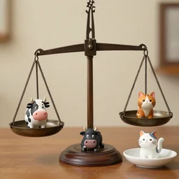 set of balance scales with weights, libra, weighing cow pixar figurine and cat figurine in dish