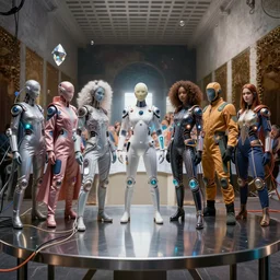 !13 diverse cybersuits on !one_side of a reflective !metal table, !!posing_as_last_supper cinematic lighting, intricate cables, detailed glowing implants, satin, crystal, liquid, floating, !!highly detailed