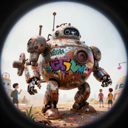memorable animation key shot, fisheye lens, backlit kids exploring the rusty robot submarine schwerer gustav!!!! covered in bold grafitti, paint drip, colorful murals, studio ghibli, pixar, disney concept art watercolor illustration by craig mullins, dean cornwell, nc wyeth, satoshi kon!