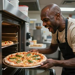 a bald black man screaming while putting a pizza in the oven, restaurant security cam footage, high definition
