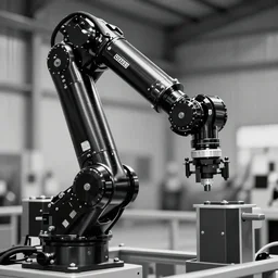 close up of gleaming black metal factory servo arm, robotic equipment, decals, black and white, render, hard surface model, burnished metal, reflection, factory, hangar, beautiful, sharp focus, depth of field, ue 4, ue 5, unity hdrp