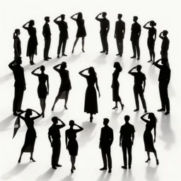 symmetry, various humans in solid silhouettes, saluting, dancing, interacting and posing, mooc, organic and intricate, elegant, highly detailed, concept art, sharp focus, illustration, high contrast, long shadows, painted with colour on white, 8 k