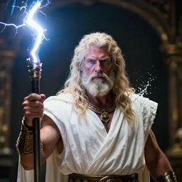 richard dawkins as zeus, god of thunder, greek god, white robe, thunderbolt, in mortal kombat, mythology, fantasy, detailed face, splash art, movie still, cinematic lighting, dramatic, octane render, long lens, shallow depth of field, bokeh, anamorphic lens flare, 8 k, hyper detailed, 3 5 mm film grain