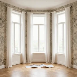 colour 3 5 mm, empty small art digest interior, open floor, big windows, long white curtains, beautiful wall paper, stucco,