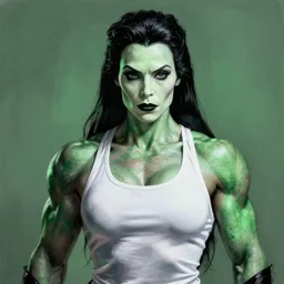 a dark haired very roided muscular female bodybuilder morticia addams in a white tank top. highly detailed portrait, digital painting, sharp focus illustration, artstation hq. intricate, elegant. art by wlop and tooth wu and greg rutkowski and alena aenami and beeple, medium shot, green iridescent