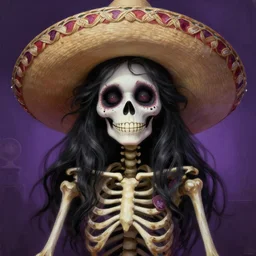 cute & beautiful smiling undead skeleton girl wearing a sombrero, digital art, fantasy, painting, pin up, highly detailed, art by artgerm