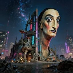 building by salvador dali, dramatic lighting bladerunner 2 0 4 9 lightpaint reclaimed by nature landscape sci - fi tokyo galactic extraterrestial neon signs bioshock magic realism postcyberpunk sea myst universe, archdaily, wallpaper, highly detailed, trending on artstation.