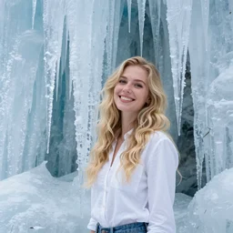 happy blonde girl in beautiful ice cavern with icicles hanging down