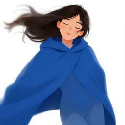 illustration, extreme closeup of a woman in an indigo cloak, eyes closed, hair blowing in the wind, jumping, illustration by mike davis