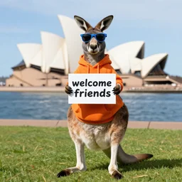 a portrait photo of a kangaroo wearing an orange hoodie and blue sunglasses standing on the grass ( ( ( ( ( ( ( in front of the sydney opera house ) ) ) ) ) ) ) holding a sign on the chest that says welcome friends, subject : kangaroo, subject detail : wearing orange hoodie, wearing blue sunglasses, subject location : ( ( ( sydney opera house ) ) ), subject action : holding sign