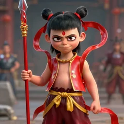 a masterpiece portrait of nezha, legendary, kid wear red chinese armor and holding spear, cinematic, fantasy character portrait, hyper detailed, digital painting, 4 k realistic, trending on artstation, sharp focus, illustration, dof, by ne zha ( 2 0 1 9 ), fenghua zhong, artgerm, new gods : nezha reborn ( 2 0 2 1 ), noriyoshi ohrai, i am nezha ( 2 0 1 6 ),, top lighting,