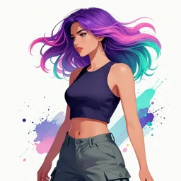 a award winning half body portrait of a beautiful woman in a croptop and cargo pants with ombre purple pink teal hairstyle with head in motion and hair flying by wlop, paint splashes and splatter, outrun, vaporware, shaded flat illustration, digital art, trending on artstation, highly detailed, fine detail, intricate