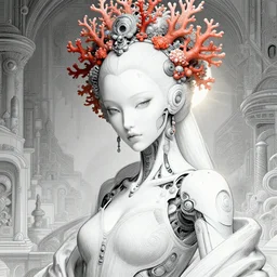 portrait of an absurdly beautiful, graceful, sophisticated, fashionable cyberpunk mechanoid, hyperdetailed illustration by irakli nadar and alexandre ferra, intricate linework, white porcelain skin, faberge, coral headdress, octane render, gsociety, global illumination, radiant light, detailed and intricate environment