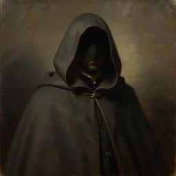 a man wearing a long cloak and hood, face hidden by shadow, oil painting, portrait, high detail