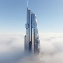 singular!!! solarpunk skyscraper rising from an opaque carpet of fog in an otherwise clear sunny day. lateral view showing the building from top to bottom. dynamic perspective, surrealism, concept art by dom qwek, trending on cg society, neofuturism, futuristic, volumetric lighting, aesthetic. digital matte painting