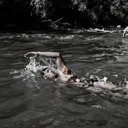 a swimmer in the river styx, overexposed pinhole photography, extreme contrast and sharpness, gritty and noisy