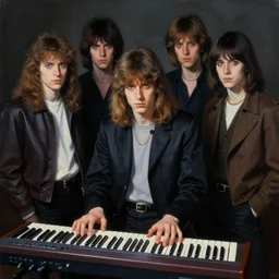 official portrait of an 8 0's synthesizer bandin las vagas, 1 9 8 5, rim lighting, anton corbijn, sinister atmospheric lighting. highly detailed painting by greg rutkowski, anime style