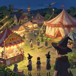 close - up of young witches exploring small town carnival amusement, food stalls, big top circus tent, highly detailed, magical, japan, digital painting, concept art, matte, art by ruan jia and wlop and greg rutkowski and makoto shinkai, masterpiece