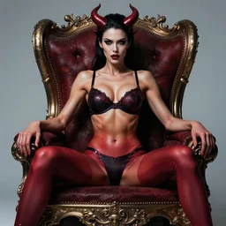 gorgeous face, hot demon woman sitting on throne, with fitness model body, legs open, wearing a bra and catsuit, hr giger style realism Surrealism