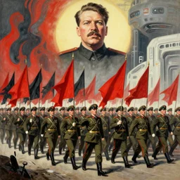 army parade glorious march, futuristic alternate timeline, anarcho - communist hordes, red and black flags, art by max ernst, stalin - era propaganda