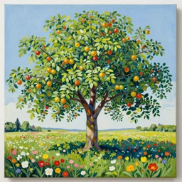 a colorful painting by Hundertwasser of a fruit tree on flower field, smooth, sharp, sunny, highly intricate