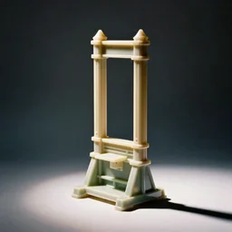 vintage analog product photography of a guillotine made of plastic, studio lighting, film grain, color bleed