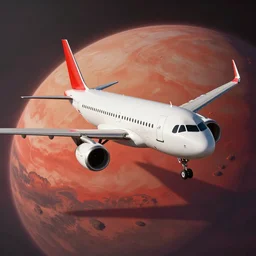 A320 plane, Flying in a red planet, Dramatic, Shot on 70mm, Complimentary-Colors, Ray Tracing Global Illumination, Ray Tracing Reflections