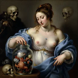 a painting of pandora opening her jar, releasing critters that impersonate sickness and death in the style of realism and artemisia gentileschi, she is dressed, her chest is covered!
