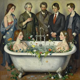 a photography of a person in a bath tub full of vegetation and flowers, splash painting, melting bodies, melting oil painting, sharp focus, dramatic, dramatic lighting, elegant, harmony, masterpiece, by jenny saville, by ben aronson, by edward hopper, by lucian freud, by riccardo federici, by james jean, by craig mullins, by jeremy mann, by krenz cushart, by huang guangjian, illustration, ink draw, pen
