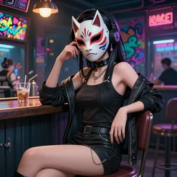 cyberpunk anime girl sit in a night bar, cyberpunk oni mask, 3 / 4 shot, street night, beautiful face, grafity, arcane, action, detail, good face, pose model, concept art, in style of yoji shinkawa, pan ren wei, col price, atey ghailan, by greg rutkowski, aesthetic, digital painting, 3 d