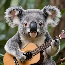 a koala playinga guitar, modelsociety, radiant skin, huge anime eyes, rtx on, perfect face, directed gaze, sony a 7 r iv, symmetric balance, polarizing filter, photolab, lightroom, 4 k, dolby vision, photography award