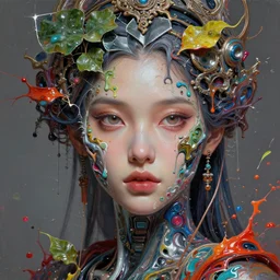 face closeup of beautiful cybernetic girl in intricate detailed color smashing fluid oilpaint, 3 d render, hyper realistic detailed portrait, color leaves, melting wax, ornate headpiece, broken mirror, fluid acrilic, thin fractal tendrils, ruan jia, wlop. scifi, fantasy, hyper detailed, octane render, concept art, by peter mohrbacher, by wlop