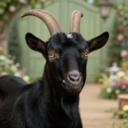 detailed studio portrait of a black goat in a beautiful victorian garden, high quality by jeremy mann, only one head single portrait