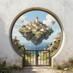 circular gate in a white wall that leads to a broken floating landscape. mediterranean village. fantastical, elaborate, awe, high detailed digital art trending in artstation. artist greg rutkowski