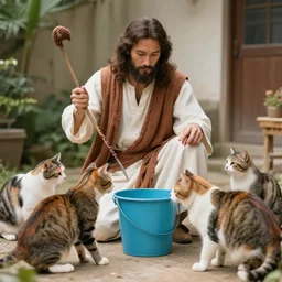 asian jesus playing with cats with a water bucket and a whip