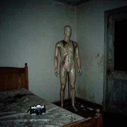 Photograph of an abandoned 1940s bedroom, creepy fallout mannequin standing in corner, dark, no lights, moist, taken using a film camera with 35mm expired film, bright camera flash enabled, award winning photograph, creepy, liminal space
