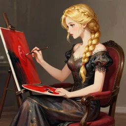 beautiful woman with braided blonde hair, wearing an elegant dress, sitting in a chair, painting, red and black color palette, in the style of greg rutkowski, high quality anime artstyle, intricate