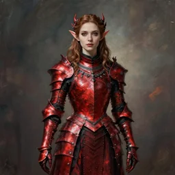 Gothic elf princess in red dragon armor by Konstantin Razumov, square crop from the 512x960 full body shot