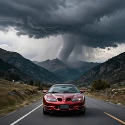 pontiac firebird transam driving towards the camera, mountain scape, landscape photography, mountains, cinematic, wide shot, low angle, huge mountains, thunder storm, tornado
